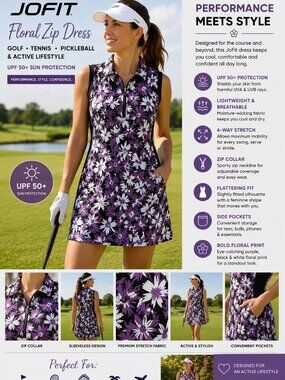 Jofit Floral Golf Dress Sleeveless Zip Collar UPF50 Tennis Pickleball Activewear